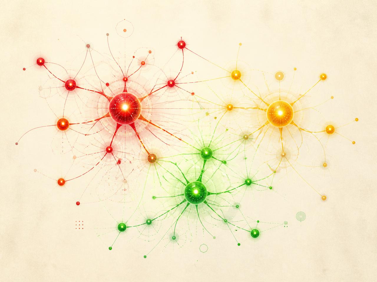 Abstract network of red, green and yellow glowing nodes representing AI concepts